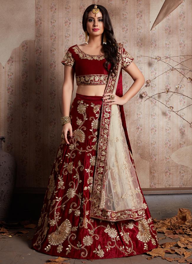 Velvet Silk Maroon Bridal Wear Embroidery Work Lehenga Choli